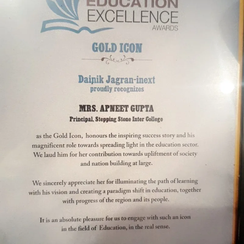 Gold Icon certificate, Dainik Jagran iNext Education Excellence Awards, presented to Mrs Apneet Gupta
